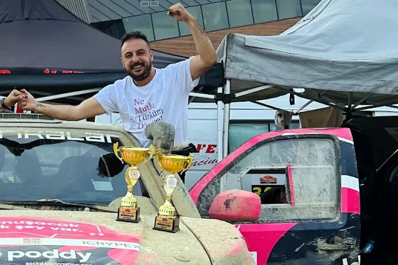 Atilla Baybara celebrating with trophies at the Turkey Baja Championship